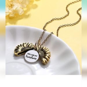 GOLD TONE Sunflower Necklace You Are My Sunshine Engraved Pendant